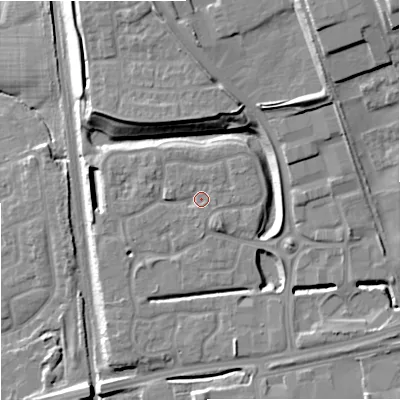 Shaded relief map of the ground around ST48FD, computed from Environment Agency LiDAR. The ground here sits at about 118 m above sea level and falls 25 m across the surrounding 800 m. Surface water reaching this point runs off ground lying to the south, 1.3 m higher.