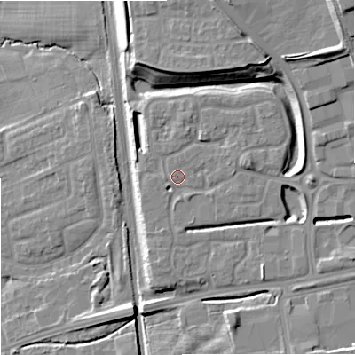 Shaded relief map of the ground around ST48FN, computed from Environment Agency LiDAR. The ground here sits at about 118 m above sea level and falls 22 m across the surrounding 800 m. Surface water reaching this point runs off ground lying to the east-north-east, 2.6 m higher.