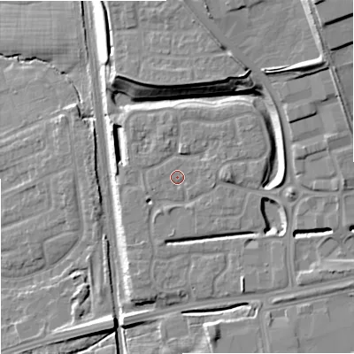 Shaded relief map of the ground around ST48FQ, computed from Environment Agency LiDAR. The ground here sits at about 118 m above sea level and falls 23 m across the surrounding 800 m. Surface water reaching this point runs off ground lying to the east, 2.6 m higher.
