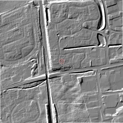Shaded relief map of the ground around ST48FR, computed from Environment Agency LiDAR. The ground here sits at about 118 m above sea level and falls 17 m across the surrounding 800 m. Surface water reaching this point runs off ground lying to the south-east, 0.6 m higher.