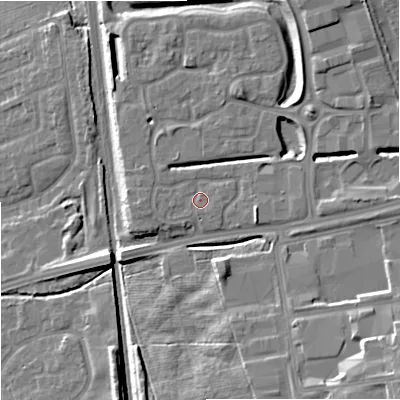 Shaded relief map of the ground around ST48FZ, computed from Environment Agency LiDAR. The ground here sits at about 118 m above sea level and falls 17 m across the surrounding 800 m. Surface water reaching this point runs off ground lying to the east-north-east, 5.9 m higher.