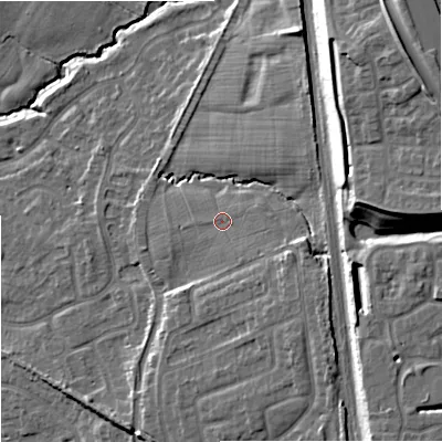 Shaded relief map of the ground around ST48GF, computed from Environment Agency LiDAR. The ground here sits at about 111 m above sea level and falls 25 m across the surrounding 800 m. Surface water reaching this point runs off ground lying to the south-east, 4.1 m higher.