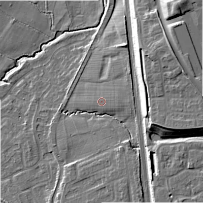 Shaded relief map of the ground around ST48GS, computed from Environment Agency LiDAR. The ground here sits at about 112 m above sea level and falls 26 m across the surrounding 800 m. Surface water reaching this point runs off ground lying to the east, 1.7 m higher.