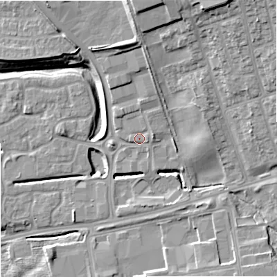 Shaded relief map of the ground around ST48HH, computed from Environment Agency LiDAR. The ground here sits at about 121 m above sea level and falls 18 m across the surrounding 800 m. Surface water reaching this point runs off ground lying to the east-north-east, 1.6 m higher.