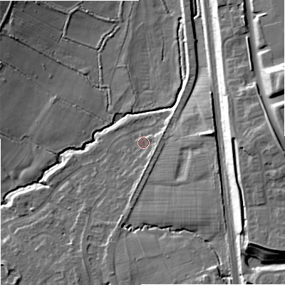 Shaded relief map of the ground around ST48HS, computed from Environment Agency LiDAR. The ground here sits at about 108 m above sea level and falls 27 m across the surrounding 800 m. Surface water reaching this point runs off ground lying to the east, 2.8 m higher.