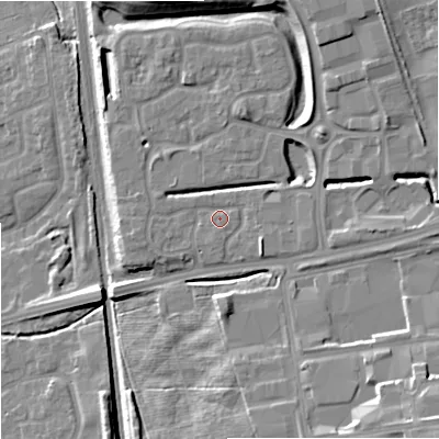 Shaded relief map of the ground around ST48HZ, computed from Environment Agency LiDAR. The ground here sits at about 118 m above sea level and falls 18 m across the surrounding 800 m. Surface water reaching this point runs off ground lying to the east-north-east, 5.9 m higher.