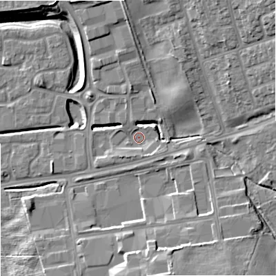 Shaded relief map of the ground around ST48LJ, computed from Environment Agency LiDAR. The ground here sits at about 119 m above sea level and falls 14 m across the surrounding 800 m. Surface water reaching this point runs off ground lying to the north-east, 12.0 m higher.