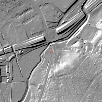 Shaded relief map of the ground around ST48NS, computed from Environment Agency LiDAR. The ground here sits at about 98 m above sea level and falls 26 m across the surrounding 800 m. Surface water reaching this point runs off ground lying to the east-south-east, 21.9 m higher.