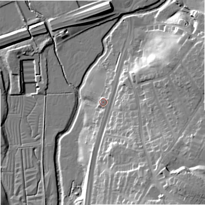 Shaded relief map of the ground around ST48NU, computed from Environment Agency LiDAR. The ground here sits at about 104 m above sea level and falls 31 m across the surrounding 800 m. Surface water reaching this point runs off ground lying to the south-south-east, 3.0 m higher.