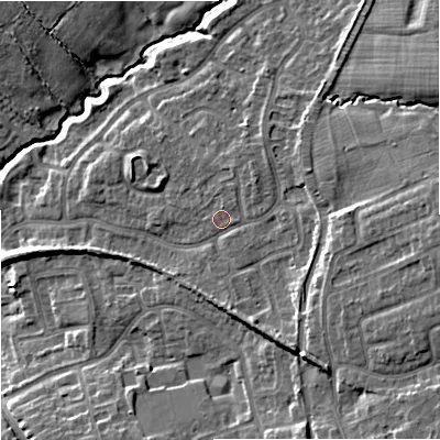 Shaded relief map of the ground around ST48RS, computed from Environment Agency LiDAR. The ground here sits at about 107 m above sea level and falls 13 m across the surrounding 800 m. Surface water reaching this point runs off ground lying to the north-east, 2.1 m higher.