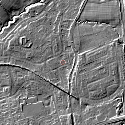 Shaded relief map of the ground around ST48RT, computed from Environment Agency LiDAR. The ground here sits at about 108 m above sea level and falls 16 m across the surrounding 800 m. Surface water reaching this point runs off ground lying to the east, 6.9 m higher.