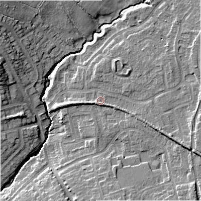 Shaded relief map of the ground around ST48SW, computed from Environment Agency LiDAR. The ground here sits at about 105 m above sea level and falls 17 m across the surrounding 800 m. Surface water reaching this point runs off ground lying to the east-south-east, 7.3 m higher.