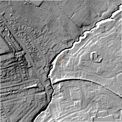 Shaded relief map of the ground around ST48TD, computed from Environment Agency LiDAR. The ground here sits at about 103 m above sea level and falls 27 m across the surrounding 800 m. Surface water reaching this point runs off ground lying to the east, 2.6 m higher.
