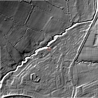 Shaded relief map of the ground around ST48TE, computed from Environment Agency LiDAR. The ground here sits at about 106 m above sea level and falls 20 m across the surrounding 800 m. Surface water reaching this point runs off ground lying to the east-south-east, 9.2 m higher.