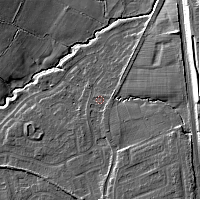 Shaded relief map of the ground around ST48TY, computed from Environment Agency LiDAR. The ground here sits at about 108 m above sea level and falls 23 m across the surrounding 800 m. Surface water reaching this point runs off ground lying to the east, 1.7 m higher.