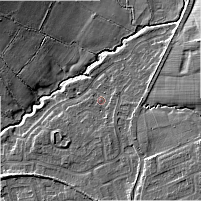 Shaded relief map of the ground around ST48UB, computed from Environment Agency LiDAR. The ground here sits at about 107 m above sea level and falls 15 m across the surrounding 800 m. Surface water reaching this point runs off ground lying to the east-south-east, 1.7 m higher.
