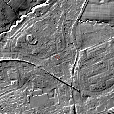 Shaded relief map of the ground around ST48UD, computed from Environment Agency LiDAR. The ground here sits at about 107 m above sea level and falls 14 m across the surrounding 800 m. Surface water reaching this point runs off ground lying to the east, 7.4 m higher.