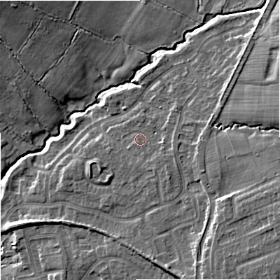 Shaded relief map of the ground around ST48UF, computed from Environment Agency LiDAR. The ground here sits at about 107 m above sea level and falls 15 m across the surrounding 800 m. Surface water reaching this point runs off ground lying to the east-south-east, 2.3 m higher.