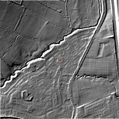 Shaded relief map of the ground around ST48XD, computed from Environment Agency LiDAR. The ground here sits at about 107 m above sea level and falls 20 m across the surrounding 800 m. Surface water reaching this point runs off ground lying to the east-north-east, 8.9 m higher.