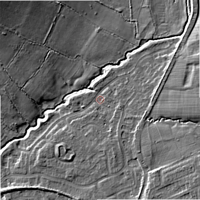 Shaded relief map of the ground around ST48XJ, computed from Environment Agency LiDAR. The ground here sits at about 106 m above sea level and falls 18 m across the surrounding 800 m. Surface water reaching this point runs off ground lying to the east-south-east, 2.5 m higher.