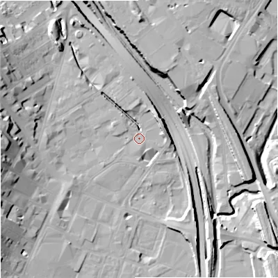 Shaded relief map of the ground around ST49TH, computed from Environment Agency LiDAR. The ground here sits at about 110 m above sea level and falls 19 m across the surrounding 800 m. Surface water reaching this point runs off ground lying to the east-north-east, 7.5 m higher.