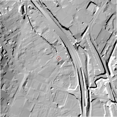 Shaded relief map of the ground around ST49TL, computed from Environment Agency LiDAR. The ground here sits at about 110 m above sea level and falls 18 m across the surrounding 800 m. Surface water reaching this point runs off ground lying to the south-west, 0.7 m higher.