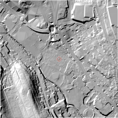 Shaded relief map of the ground around ST51LX, computed from Environment Agency LiDAR. The ground here sits at about 114 m above sea level and falls 46 m across the surrounding 800 m. Surface water reaching this point runs off ground lying to the north-east, 29.5 m higher.