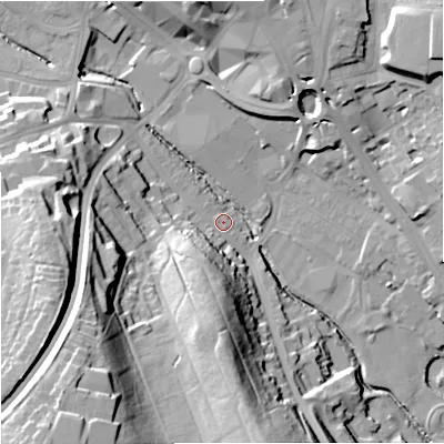 Shaded relief map of the ground around ST52EF, computed from Environment Agency LiDAR. The ground here sits at about 115 m above sea level and falls 49 m across the surrounding 800 m. Surface water reaching this point runs off ground lying to the south-south-west, 17.2 m higher.