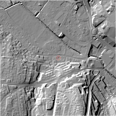 Shaded relief map of the ground around ST52NB, computed from Environment Agency LiDAR. The ground here sits at about 117 m above sea level and falls 37 m across the surrounding 800 m. Surface water reaching this point runs off ground lying to the south-south-east, 10.5 m higher.