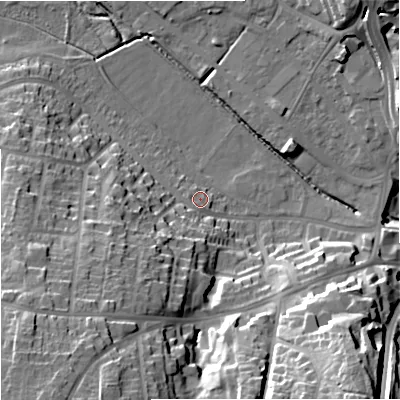 Shaded relief map of the ground around ST52ND, computed from Environment Agency LiDAR. The ground here sits at about 119 m above sea level and falls 34 m across the surrounding 800 m. Surface water reaching this point runs off ground lying to the south-south-west, 6.7 m higher.