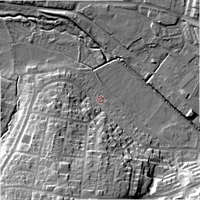 Shaded relief map of the ground around ST52NQ, computed from Environment Agency LiDAR. The ground here sits at about 118 m above sea level and falls 26 m across the surrounding 800 m. Surface water reaching this point runs off ground lying to the south-south-west, 23.1 m higher.