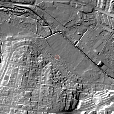 Shaded relief map of the ground around ST52PQ, computed from Environment Agency LiDAR. The ground here sits at about 117 m above sea level and falls 27 m across the surrounding 800 m. Surface water reaching this point runs off ground lying to the south-south-west, 24.4 m higher.