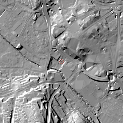 Shaded relief map of the ground around ST52RN, computed from Environment Agency LiDAR. The ground here sits at about 114 m above sea level and falls 35 m across the surrounding 800 m. Surface water reaching this point runs off ground lying to the north-north-east, 22.7 m higher.