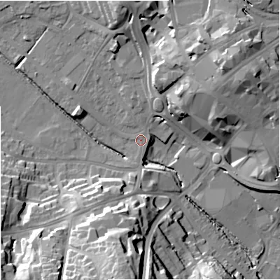 Shaded relief map of the ground around ST52RP, computed from Environment Agency LiDAR. The ground here sits at about 117 m above sea level and falls 34 m across the surrounding 800 m. Surface water reaching this point runs off ground lying to the south-west, 10.6 m higher.