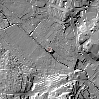 Shaded relief map of the ground around ST52ST, computed from Environment Agency LiDAR. The ground here sits at about 118 m above sea level and falls 28 m across the surrounding 800 m. Surface water reaching this point runs off ground lying to the south-west, 26.3 m higher.