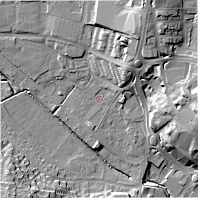 Shaded relief map of the ground around ST52SU, computed from Environment Agency LiDAR. The ground here sits at about 117 m above sea level and falls 23 m across the surrounding 800 m. Surface water reaching this point runs off ground lying to the south-south-west, 1.9 m higher.