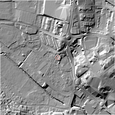 Shaded relief map of the ground around ST52SX, computed from Environment Agency LiDAR. The ground here sits at about 120 m above sea level and falls 23 m across the surrounding 800 m. Surface water reaching this point runs off ground lying to the east, 4.0 m higher.