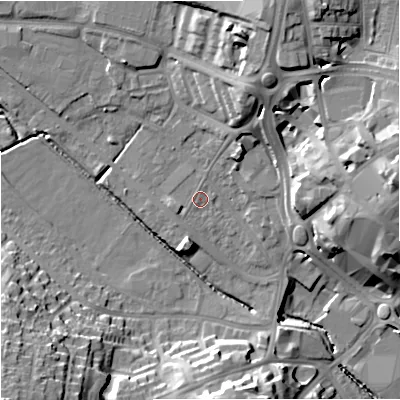 Shaded relief map of the ground around ST52SZ, computed from Environment Agency LiDAR. The ground here sits at about 117 m above sea level and falls 25 m across the surrounding 800 m. Surface water reaching this point runs off ground lying to the south-south-west, 5.0 m higher.