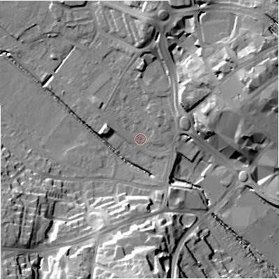 Shaded relief map of the ground around ST52TB, computed from Environment Agency LiDAR. The ground here sits at about 117 m above sea level and falls 31 m across the surrounding 800 m. Surface water reaching this point runs off ground lying to the north-east, 17.4 m higher.