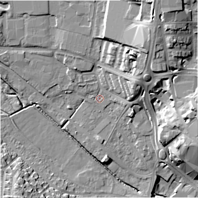 Shaded relief map of the ground around ST52TH, computed from Environment Agency LiDAR. The ground here sits at about 118 m above sea level and falls 24 m across the surrounding 800 m. Surface water reaching this point runs off ground lying to the north-north-east, 18.2 m higher.
