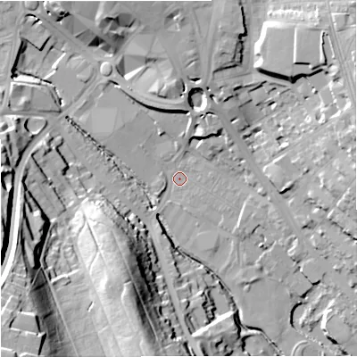 Shaded relief map of the ground around ST53AA, computed from Environment Agency LiDAR. The ground here sits at about 113 m above sea level and falls 47 m across the surrounding 800 m. Surface water reaching this point runs off ground lying to the south-west, 44.3 m higher.
