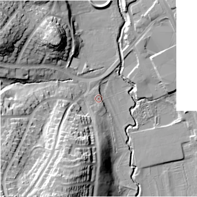 Shaded relief map of the ground around ST53AD, computed from Environment Agency LiDAR. The ground here sits at about 109 m above sea level and falls 36 m across the surrounding 800 m. Surface water reaching this point runs off ground lying to the south-west, 32.7 m higher.