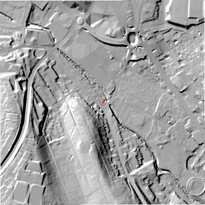 Shaded relief map of the ground around ST53AE, computed from Environment Agency LiDAR. The ground here sits at about 114 m above sea level and falls 50 m across the surrounding 800 m. Surface water reaching this point runs off ground lying to the south-south-west, 23.0 m higher.
