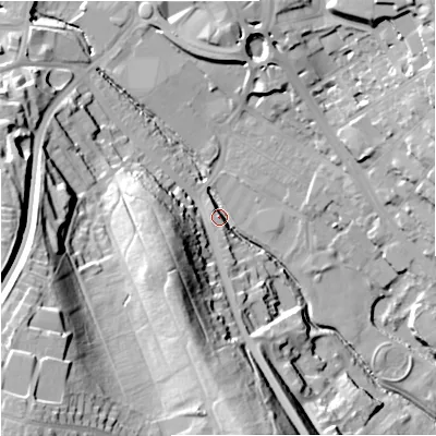 Shaded relief map of the ground around ST53AH, computed from Environment Agency LiDAR. The ground here sits at about 116 m above sea level and falls 52 m across the surrounding 800 m. Surface water reaching this point runs off ground lying to the south-west, 49.6 m higher.
