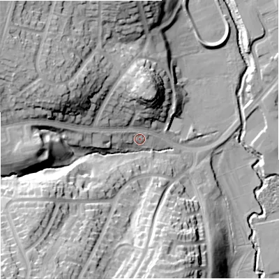 Shaded relief map of the ground around ST53BN, computed from Environment Agency LiDAR. The ground here sits at about 112 m above sea level and falls 36 m across the surrounding 800 m. Surface water reaching this point runs off ground lying to the west, 16.2 m higher.