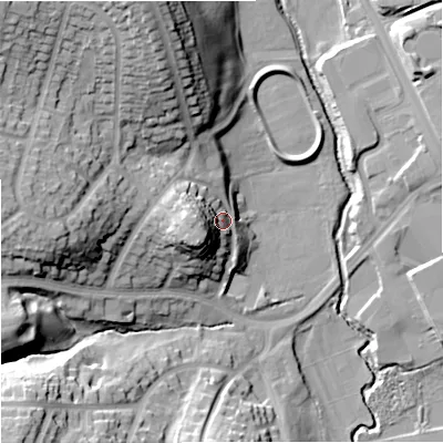 Shaded relief map of the ground around ST53BX, computed from Environment Agency LiDAR. The ground here sits at about 116 m above sea level and falls 35 m across the surrounding 800 m. Surface water reaching this point runs off ground lying to the west, 12.7 m higher.
