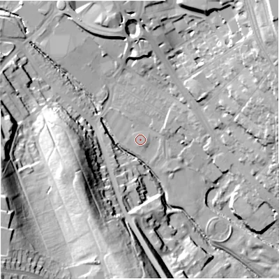 Shaded relief map of the ground around ST53HU, computed from Environment Agency LiDAR. The ground here sits at about 114 m above sea level and falls 50 m across the surrounding 800 m. Surface water reaching this point runs off ground lying to the east-north-east, 3.1 m higher.