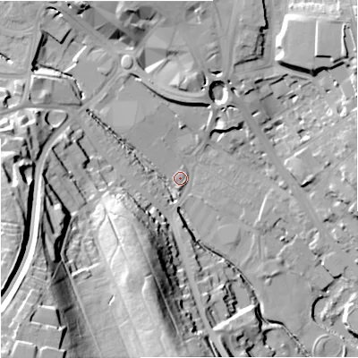 Shaded relief map of the ground around ST53HY, computed from Environment Agency LiDAR. The ground here sits at about 114 m above sea level and falls 48 m across the surrounding 800 m. Surface water reaching this point runs off ground lying to the south-west, 45.9 m higher.