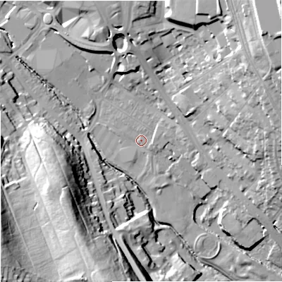 Shaded relief map of the ground around ST53TF, computed from Environment Agency LiDAR. The ground here sits at about 114 m above sea level and falls 46 m across the surrounding 800 m. Surface water reaching this point runs off ground lying to the east-north-east, 2.7 m higher.