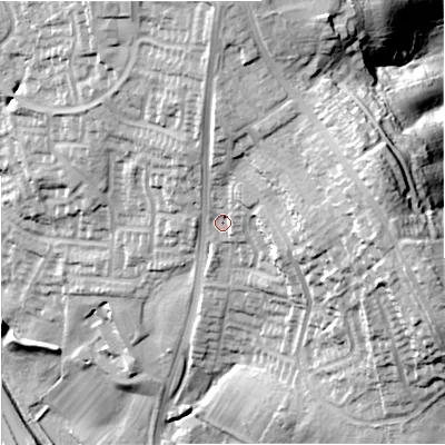 Shaded relief map of the ground around ST54DH, computed from Environment Agency LiDAR. The ground here sits at about 134 m above sea level and falls 47 m across the surrounding 800 m. Surface water reaching this point runs off ground lying to the east-north-east, 15.8 m higher.